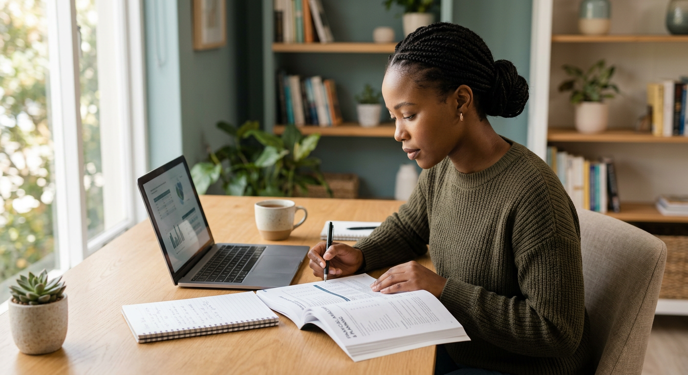A learner studying financial materials at a desk with a laptop and workbook