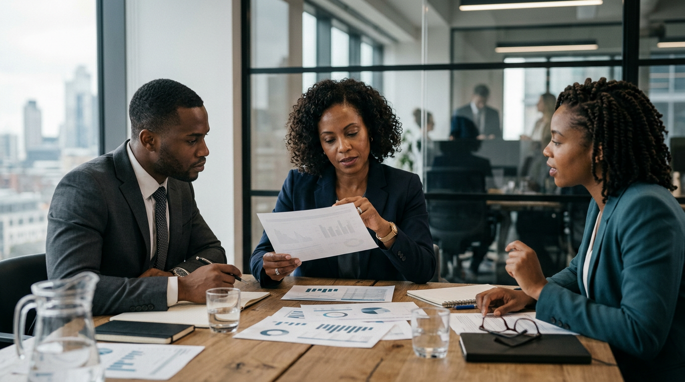 Finance professionals reviewing reports together around a meeting table