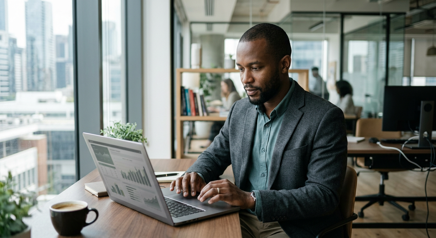 A finance professional assessing workflows on a laptop