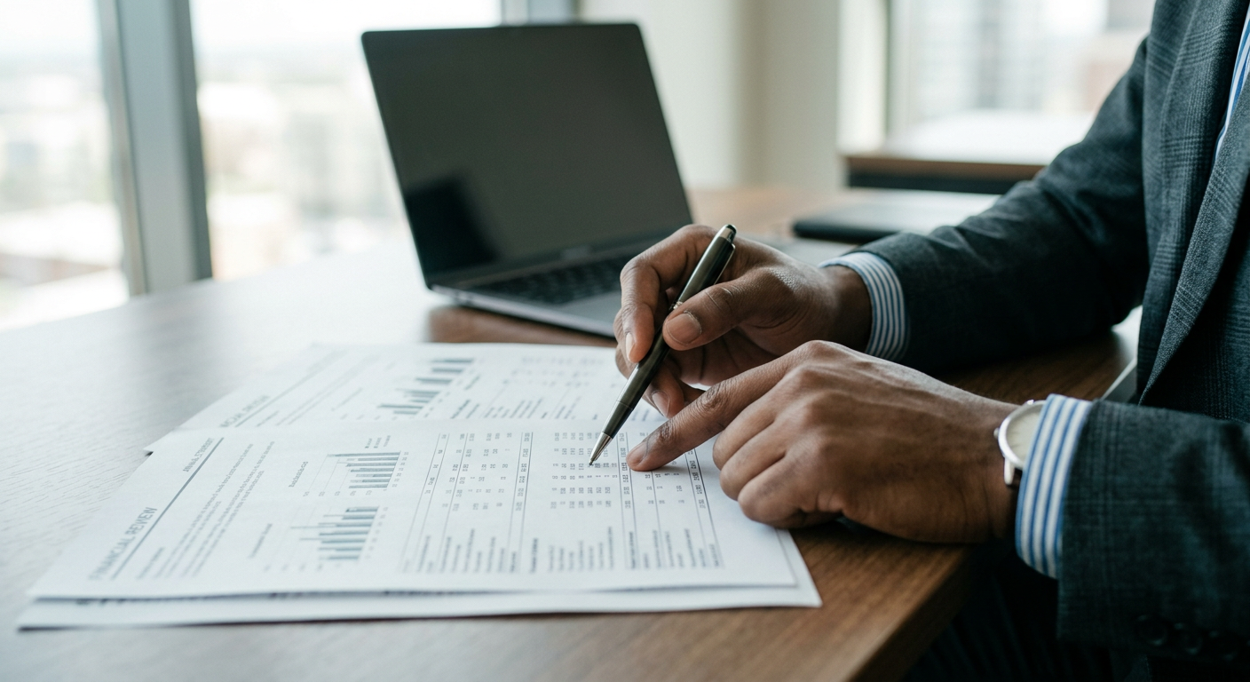 Hands reviewing printed financial statements beside a laptop