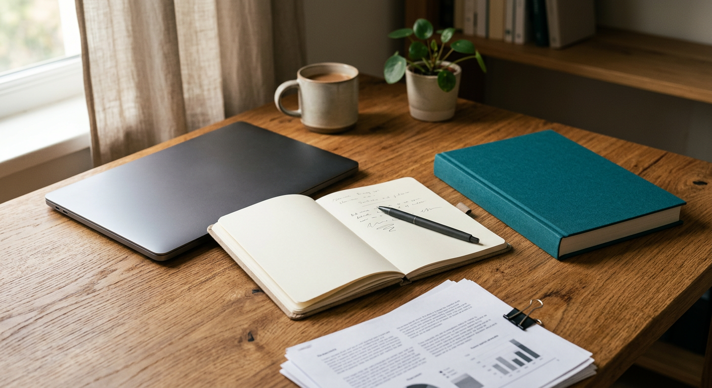 A stack of finance books beside a notebook on a desk