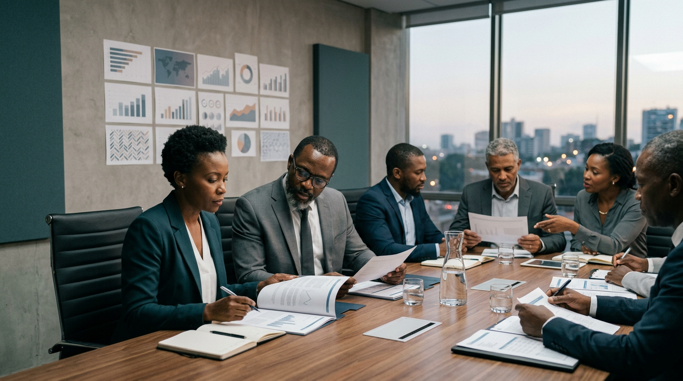 An executive review meeting with printed reports and understated charts