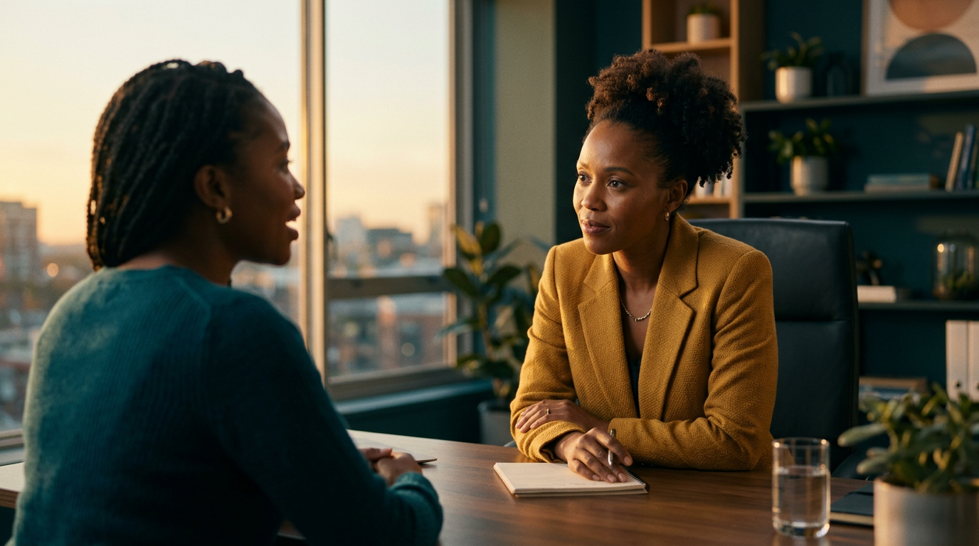 Two professionals in a considered conversation across a table in a modern office