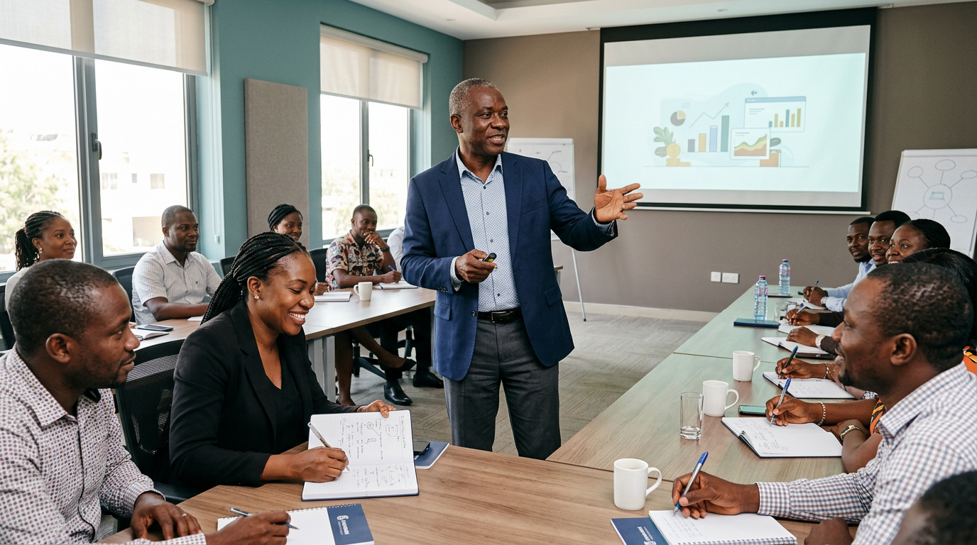 A facilitator leading a professional finance workshop for a team