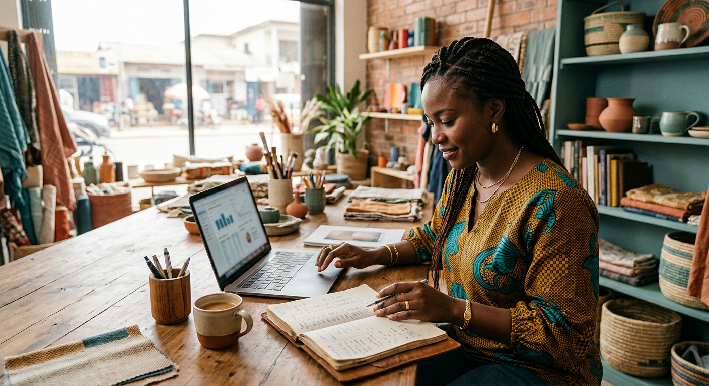 A business owner reviewing figures on a laptop in her studio