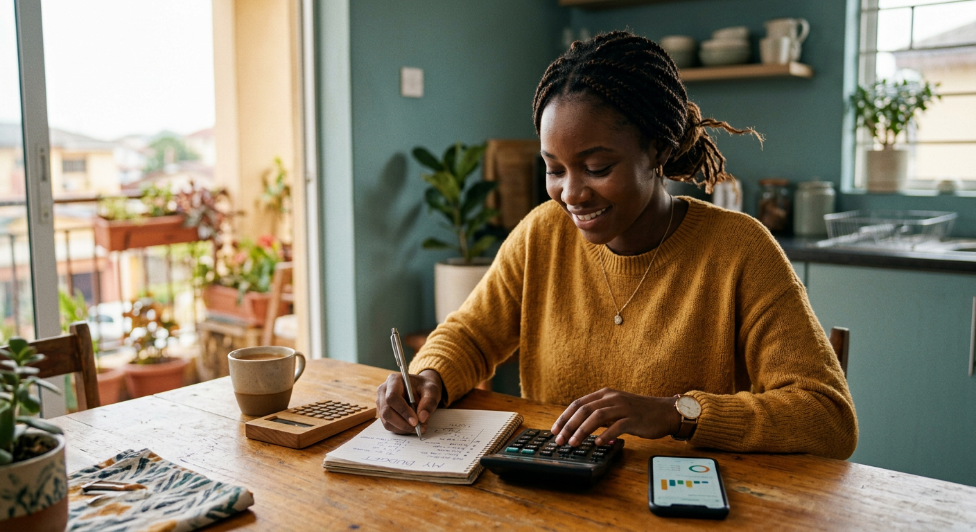 A young woman planning a personal budget with a notebook and calculator