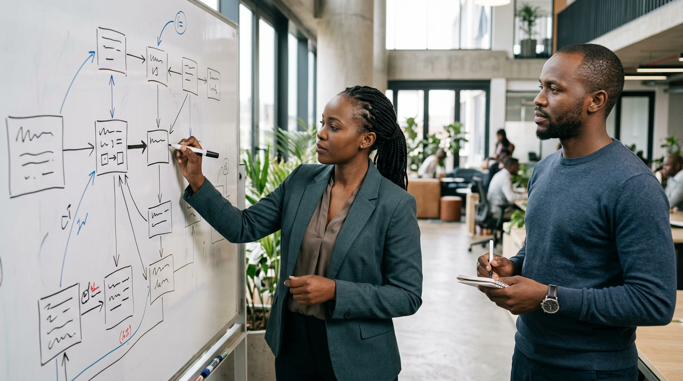 A team mapping a structured process on a whiteboard